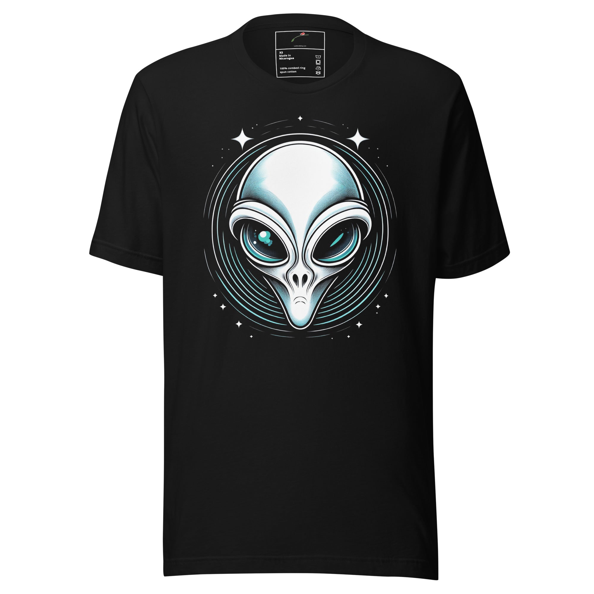 LuckeLadybug black t-shirt featuring a bold alien head tee design with white and blue alien face