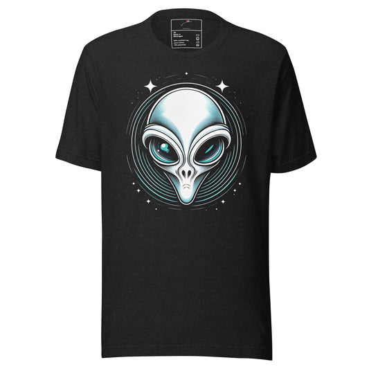 Black LuckeLadybug t-shirt featuring a bold alien head tee graphic with futuristic design