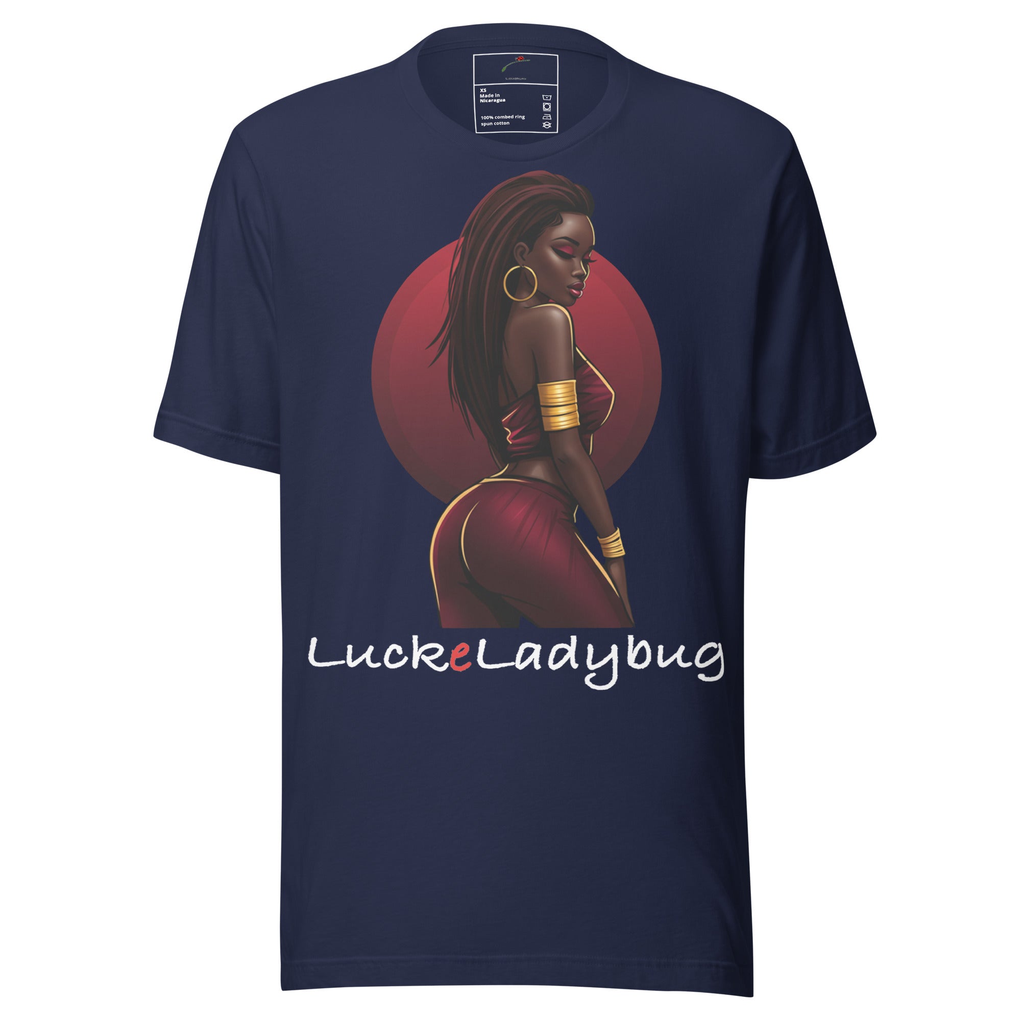 LuckeLadybug bold black culture shirt with artistic illustration of confident black woman on navy tee