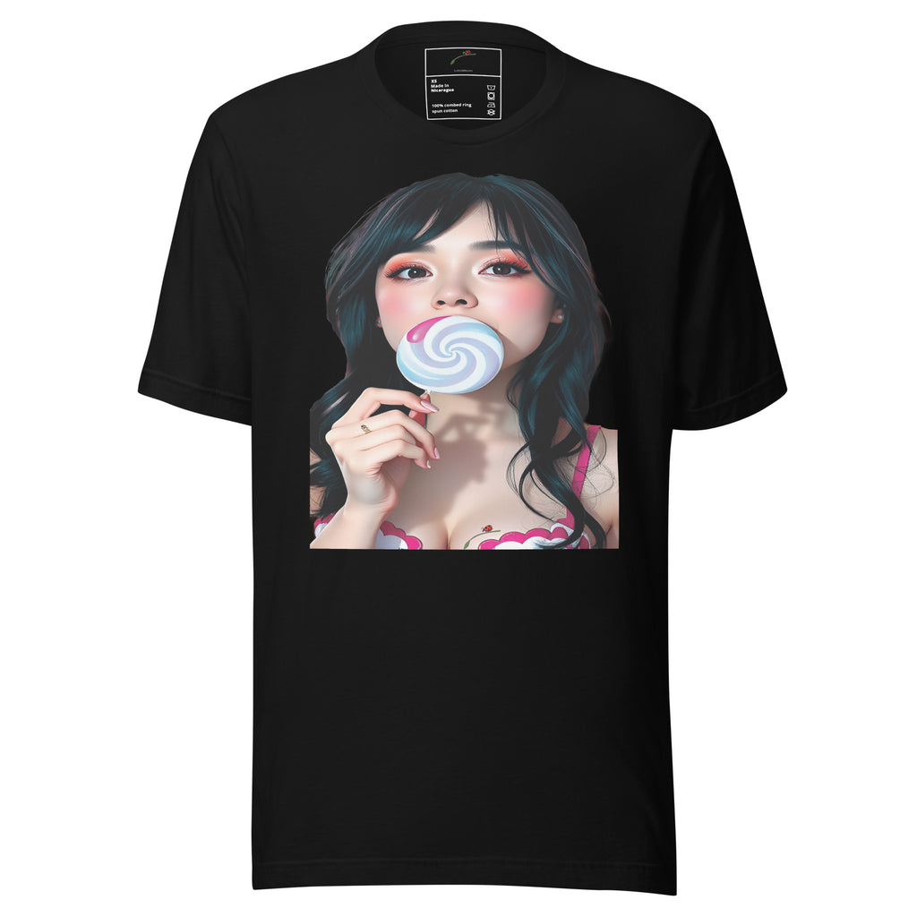 LuckeLadybug black t-shirt featuring a bold lollipop graphic tee with a woman holding a blue and white lollipop