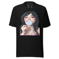 LuckeLadybug black t-shirt featuring a bold lollipop graphic tee with a woman holding a blue and white lollipop