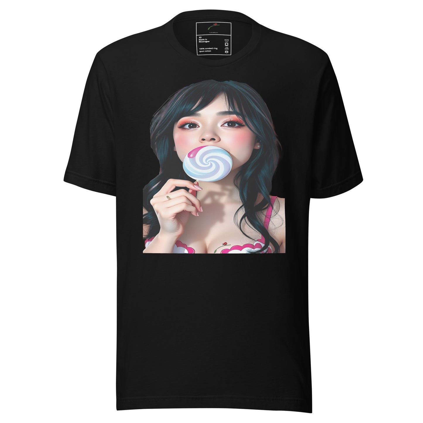 LuckeLadybug black t-shirt featuring a bold lollipop graphic tee with a woman holding a blue and white lollipop