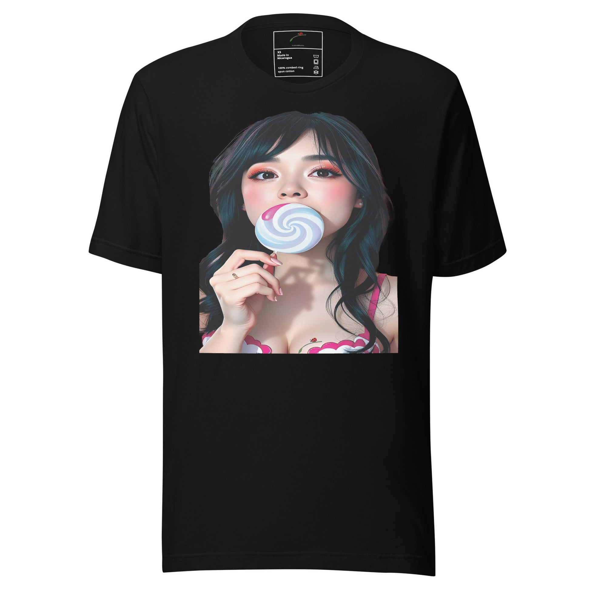 LuckeLadybug black t-shirt featuring a bold lollipop graphic tee with a woman holding a blue and white lollipop