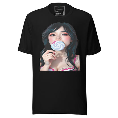 LuckeLadybug black t-shirt featuring a bold lollipop graphic tee with a woman holding a blue and white lollipop