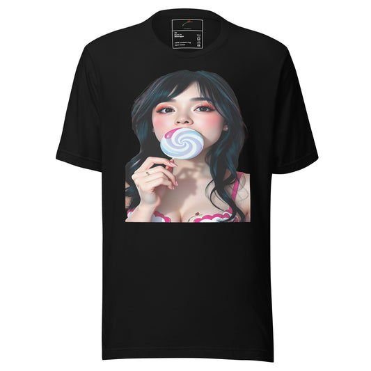 LuckeLadybug black t-shirt featuring a bold lollipop graphic tee with a woman holding a blue and white lollipop