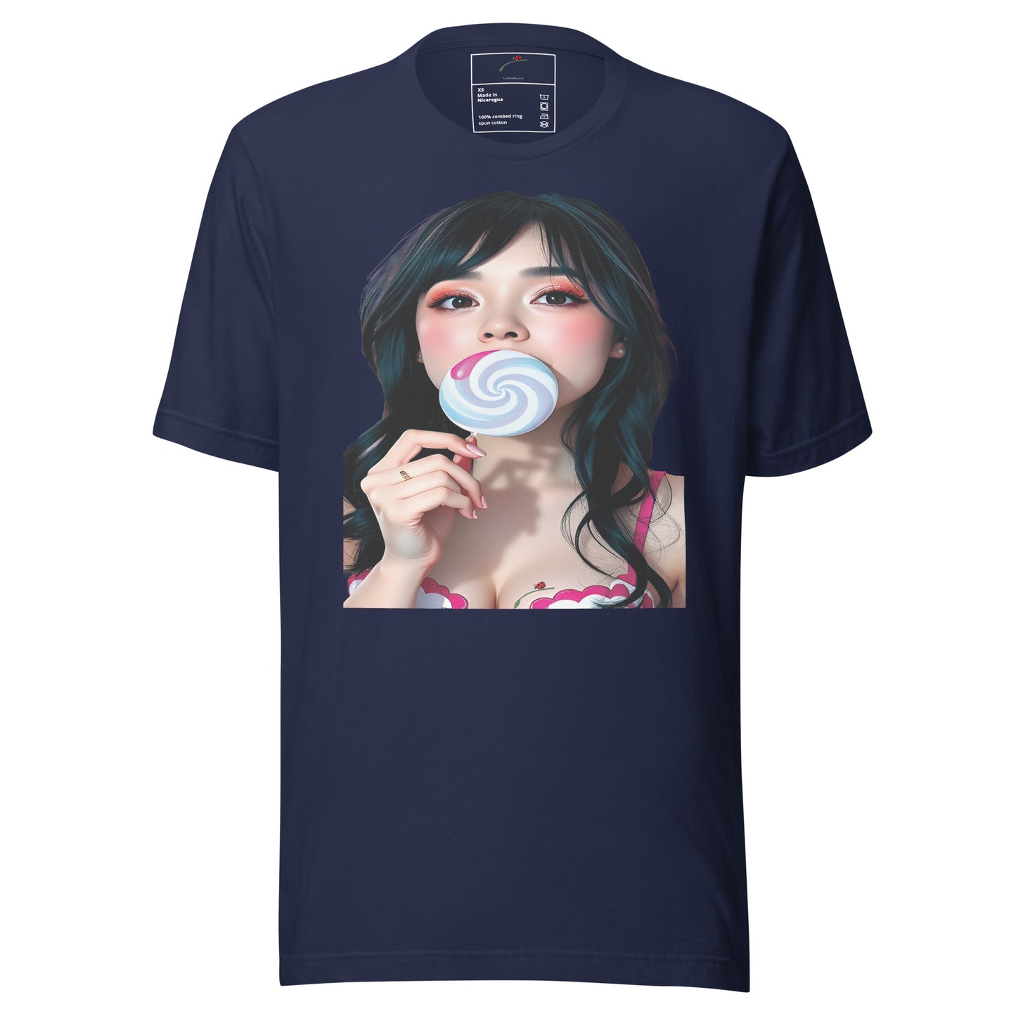 Navy blue T-shirt featuring a bold lollipop graphic tee with a woman holding a pastel swirl lollipop