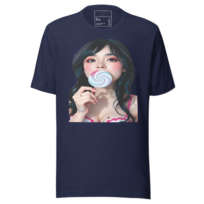 Navy blue T-shirt featuring a bold lollipop graphic tee with a woman holding a pastel swirl lollipop