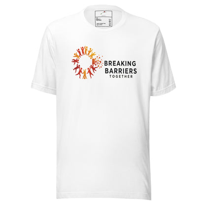 LuckeLadybug white t-shirt with orange and red community circle logo and bold text, breaking barriers together t-shirt for events
