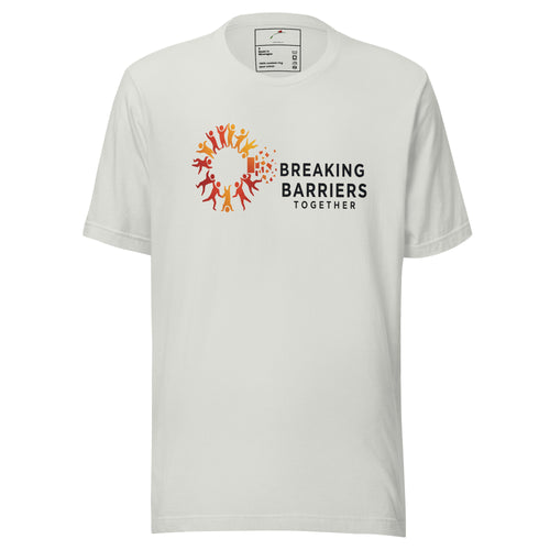 LuckeLadybug breaking barriers together t-shirt white crew neck with orange inclusive circle logo and bold text