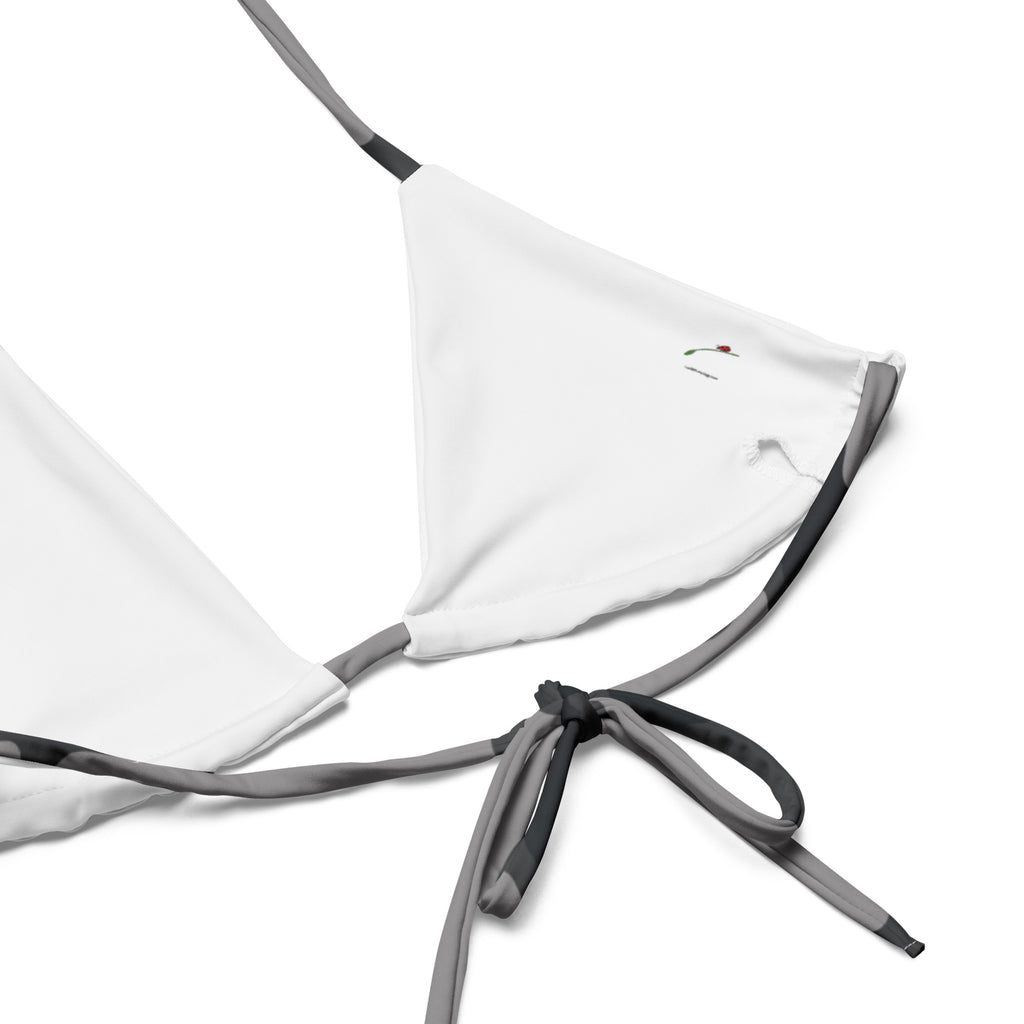 White triangle bikini top with black and gray straps for camouflage string bikini for women