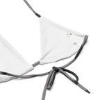 White triangle bikini top with black and gray straps for camouflage string bikini for women