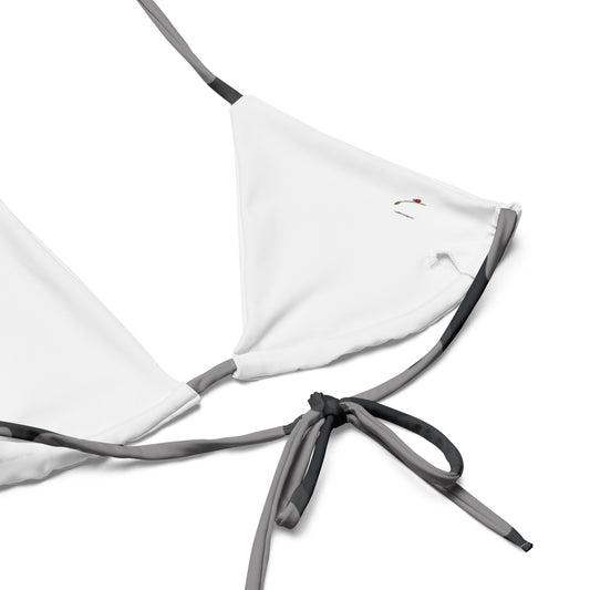 White triangle bikini top with black and gray straps for camouflage string bikini for women