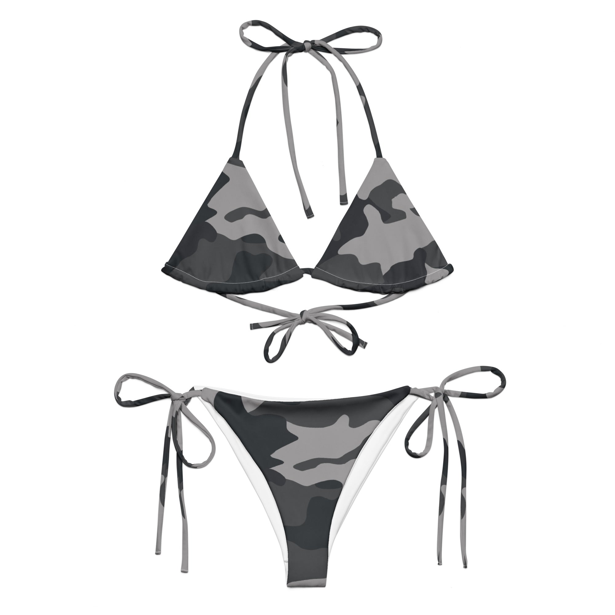 camouflage string bikini for women in gray and black with adjustable ties