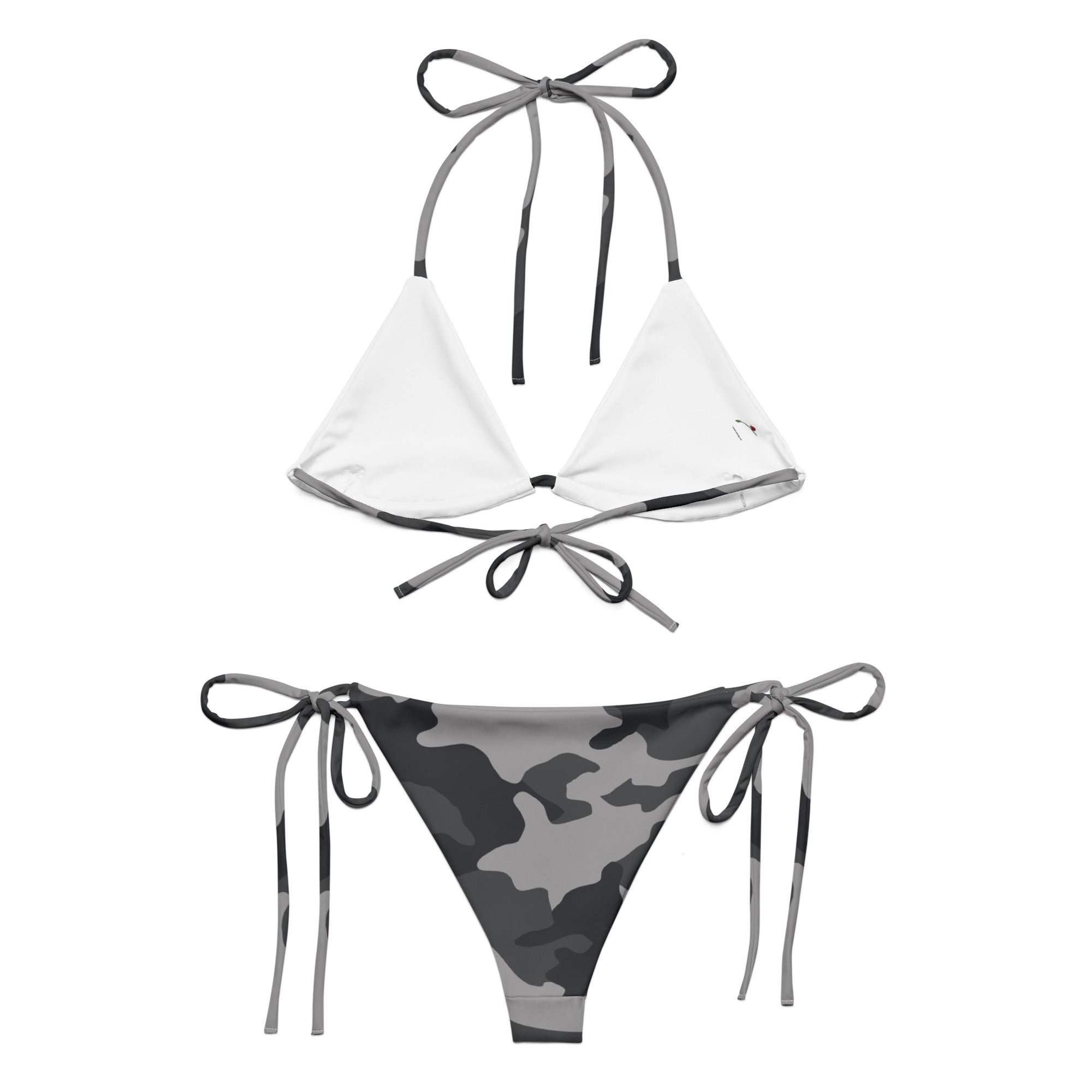 camouflage string bikini for women with white triangle top and gray camo bottom