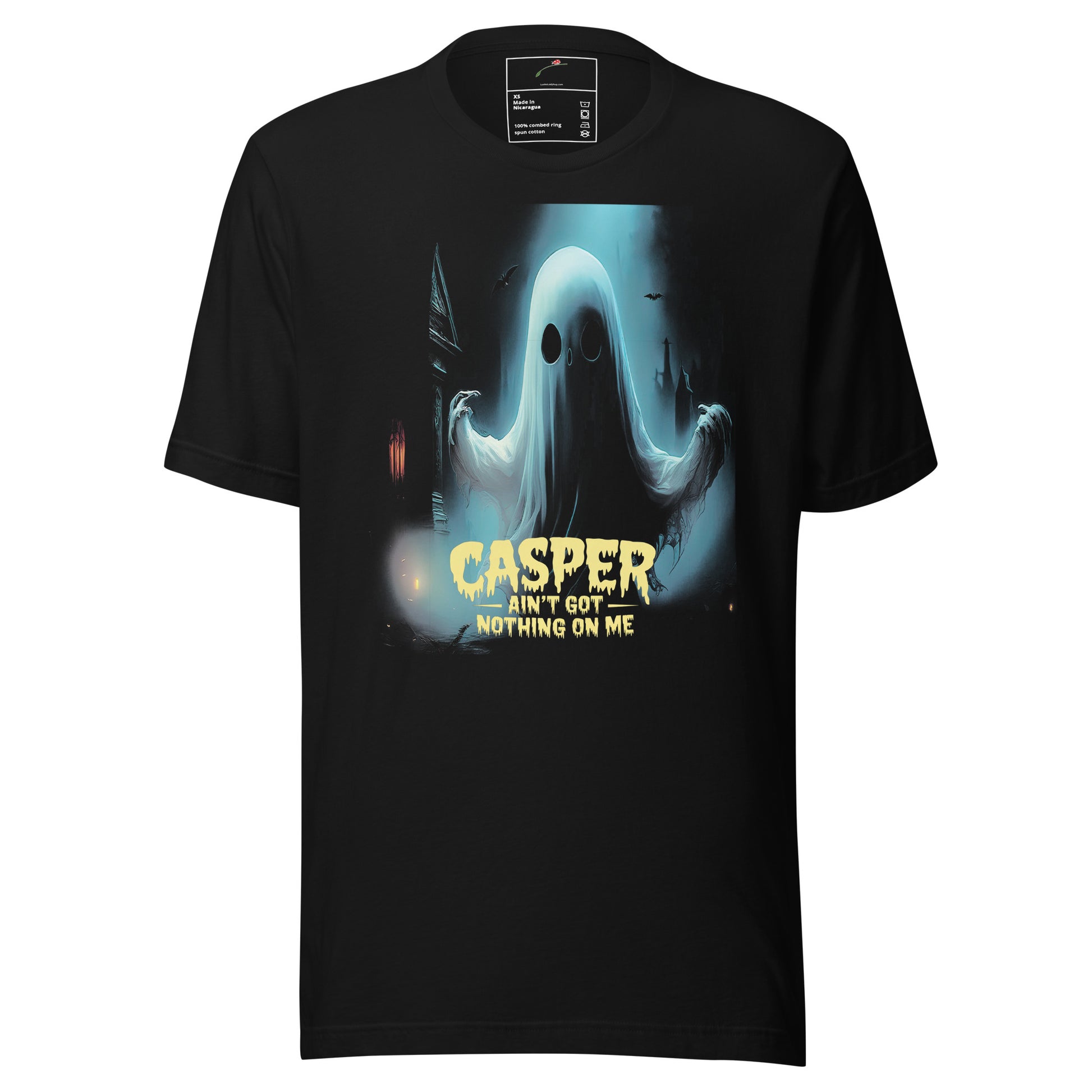 LuckeLadybug black tee with spooky ghost graphic and text Casper Ain't Got Nothing On Me T-shirt for Halloween