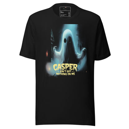 LuckeLadybug black tee with spooky ghost graphic and text Casper Ain't Got Nothing On Me T-shirt for Halloween