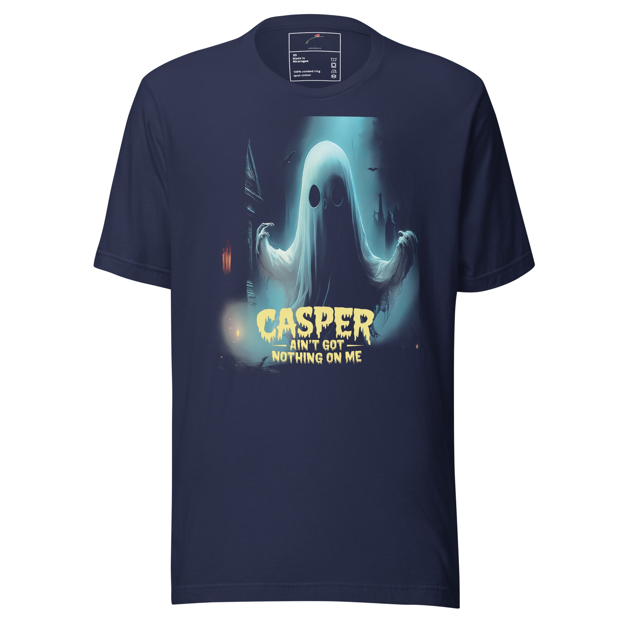 LuckeLadybug navy T-shirt with glowing ghost graphic and bold text Casper Ain't Got Nothing On Me T-shirt