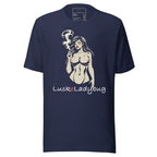 LuckeLadybug navy t-shirt featuring a chic clouds artwork t-shirt design with a stylized woman smoking