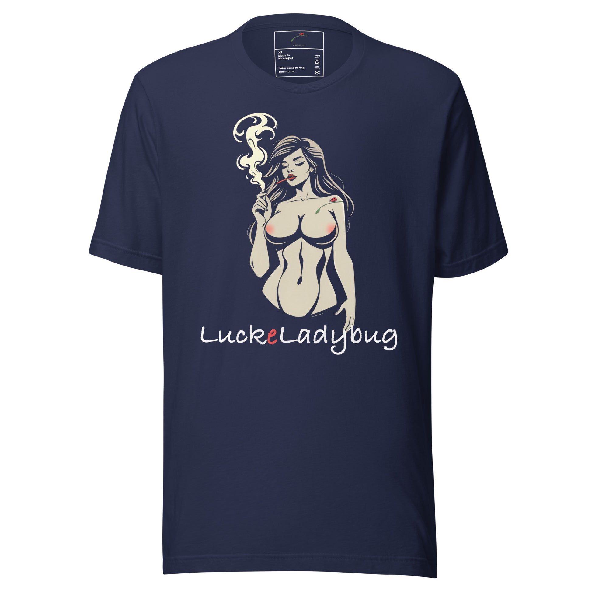 LuckeLadybug navy t-shirt featuring a chic clouds artwork t-shirt design with a stylized woman smoking