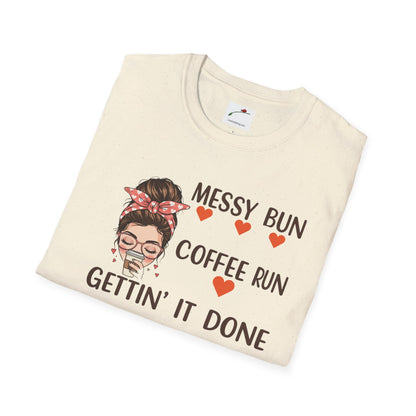 LuckeLadybug coffee mom graphic tee with messy bun coffee run text and heart design on cream shirt