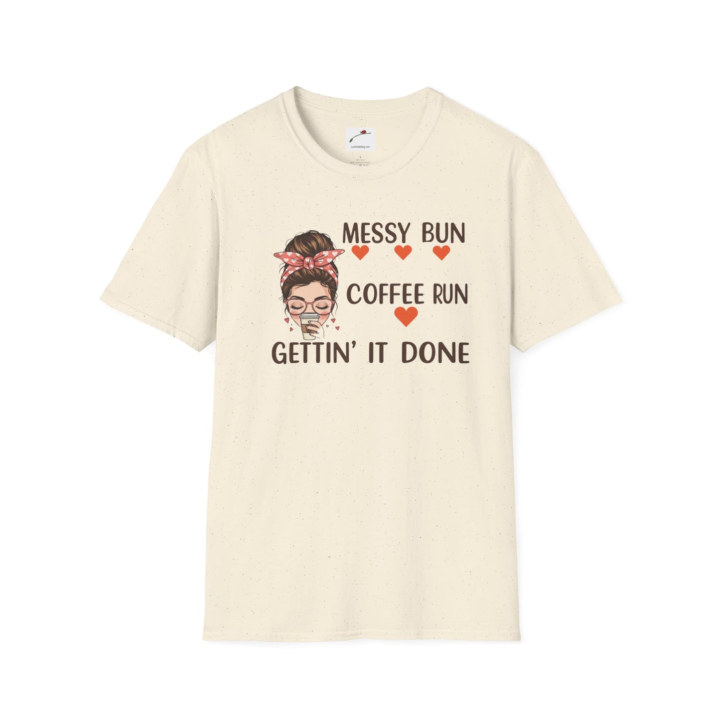 LuckeLadybug coffee mom graphic tee with messy bun and coffee run text on beige t-shirt