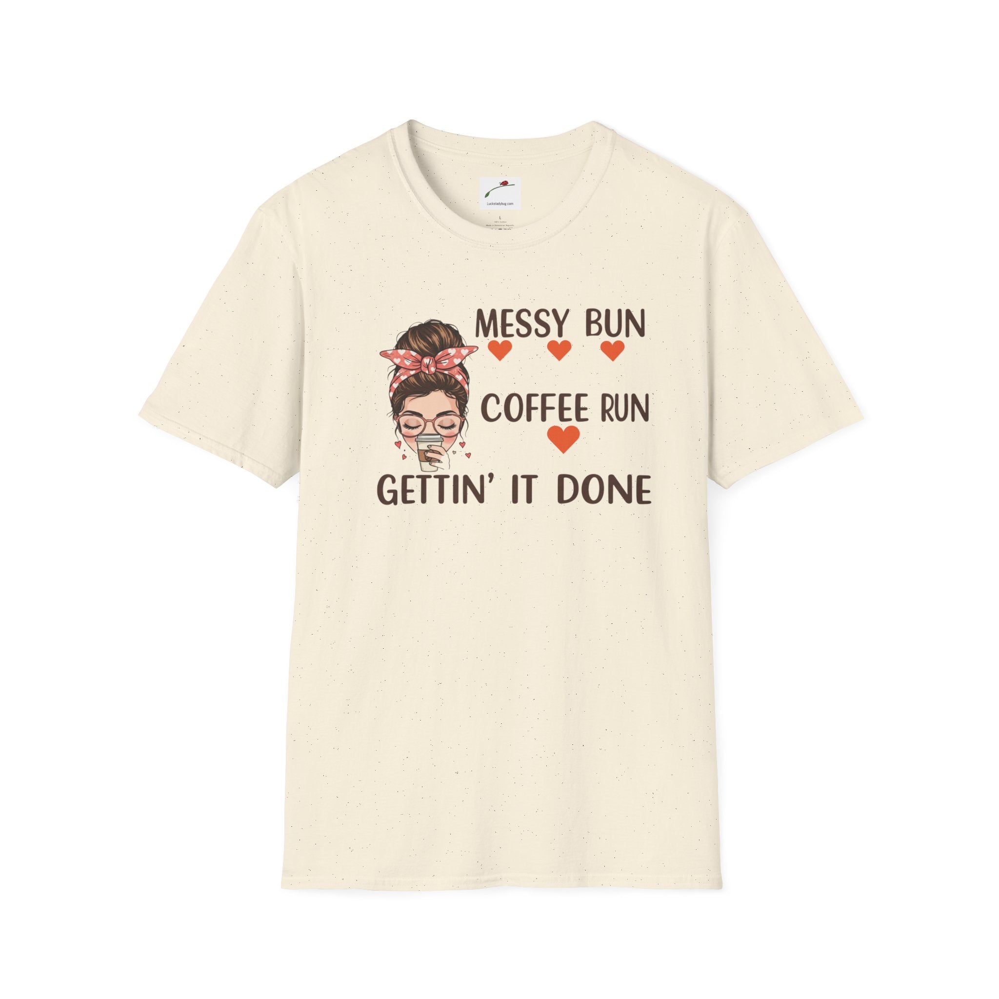 LuckeLadybug coffee mom graphic tee with messy bun and coffee run text on beige t-shirt