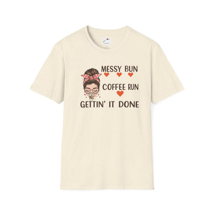 LuckeLadybug coffee mom graphic tee with messy bun and coffee run text on beige t-shirt