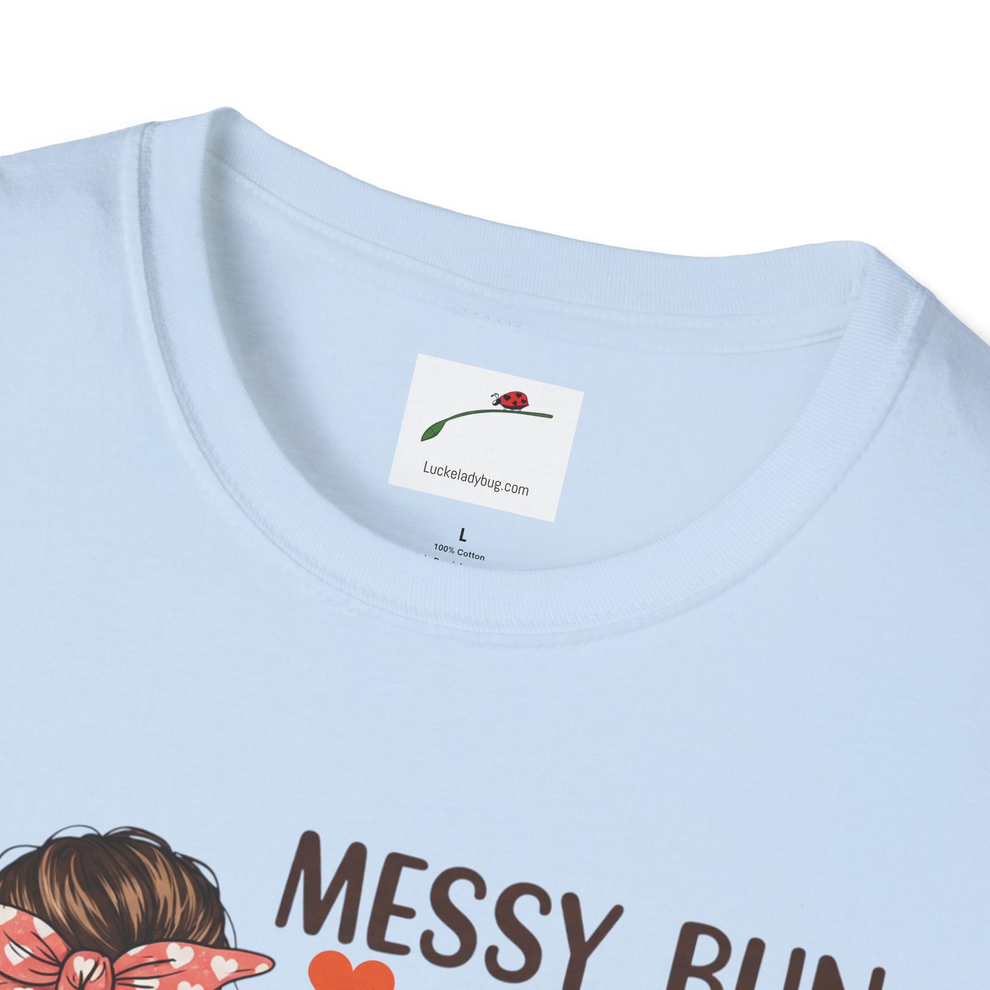 Light blue coffee mom graphic tee with messy bun design by LuckeLadybug