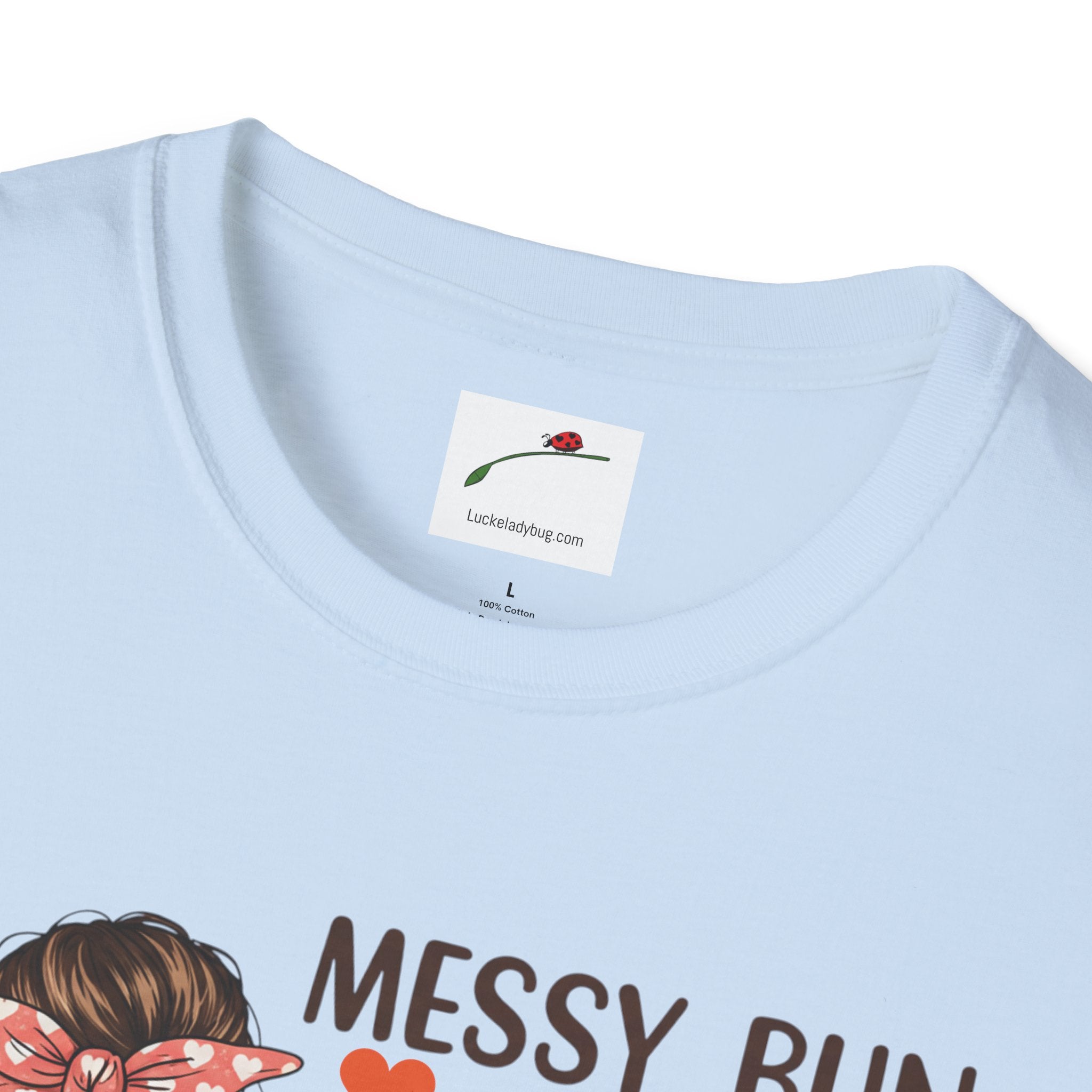Light blue coffee mom graphic tee with messy bun design by LuckeLadybug