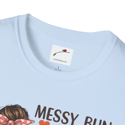 Light blue coffee mom graphic tee with messy bun design by LuckeLadybug