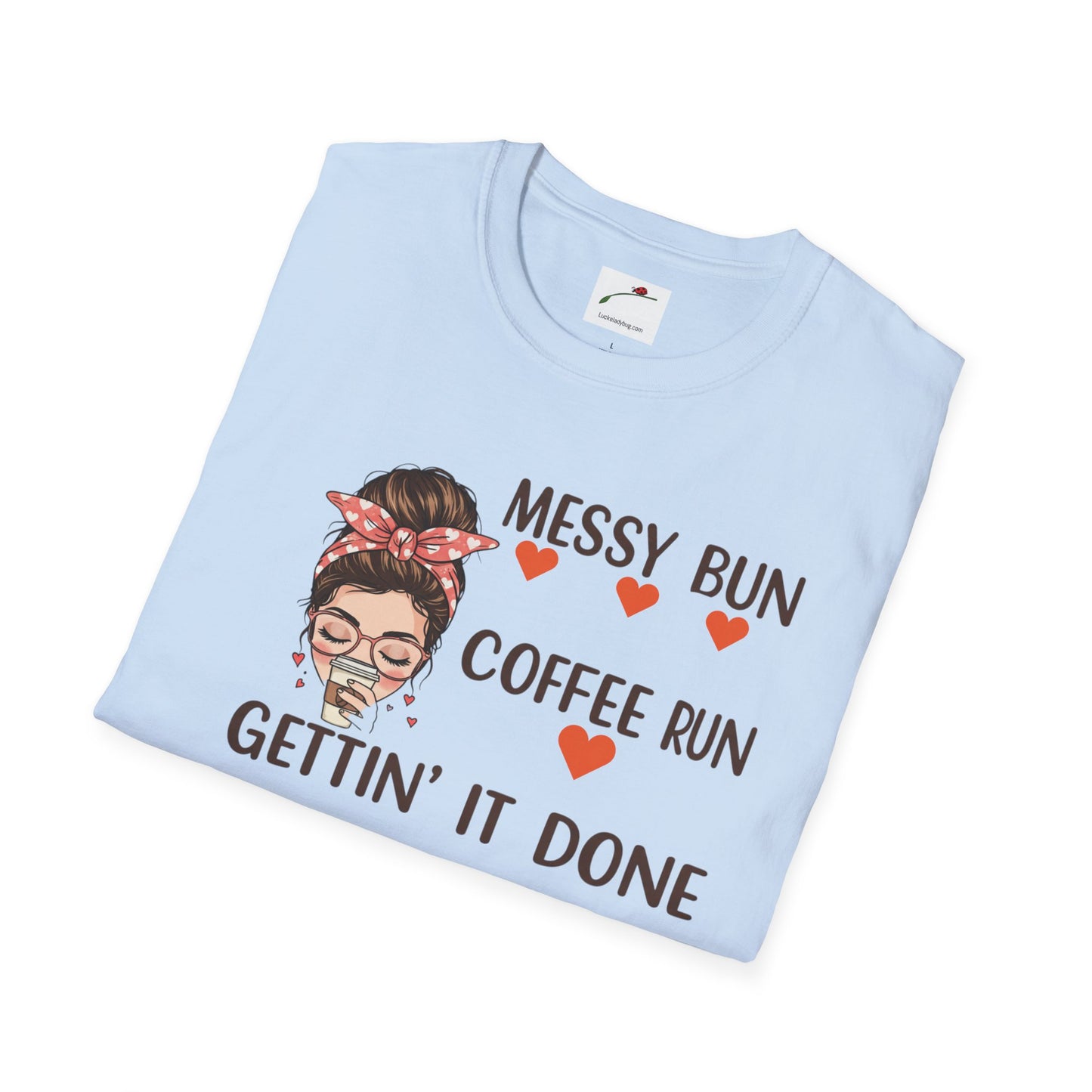 blue coffee mom graphic tee with messy bun and coffee run design by LuckeLadybug