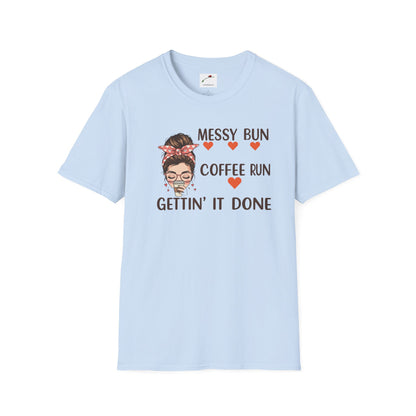 Light blue coffee mom graphic tee with messy bun and coffee run design by LuckeLadybug