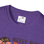 Purple coffee mom graphic tee by LuckeLadybug with round neckline and printed design