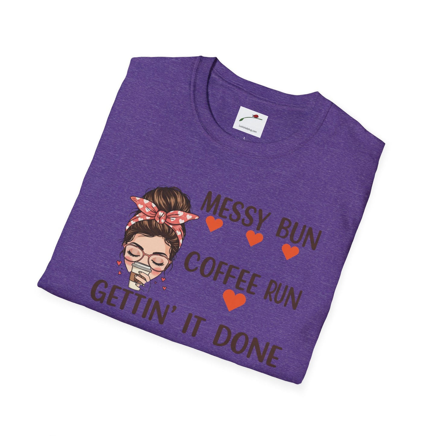 Purple coffee mom graphic tee with messy bun design and coffee run text