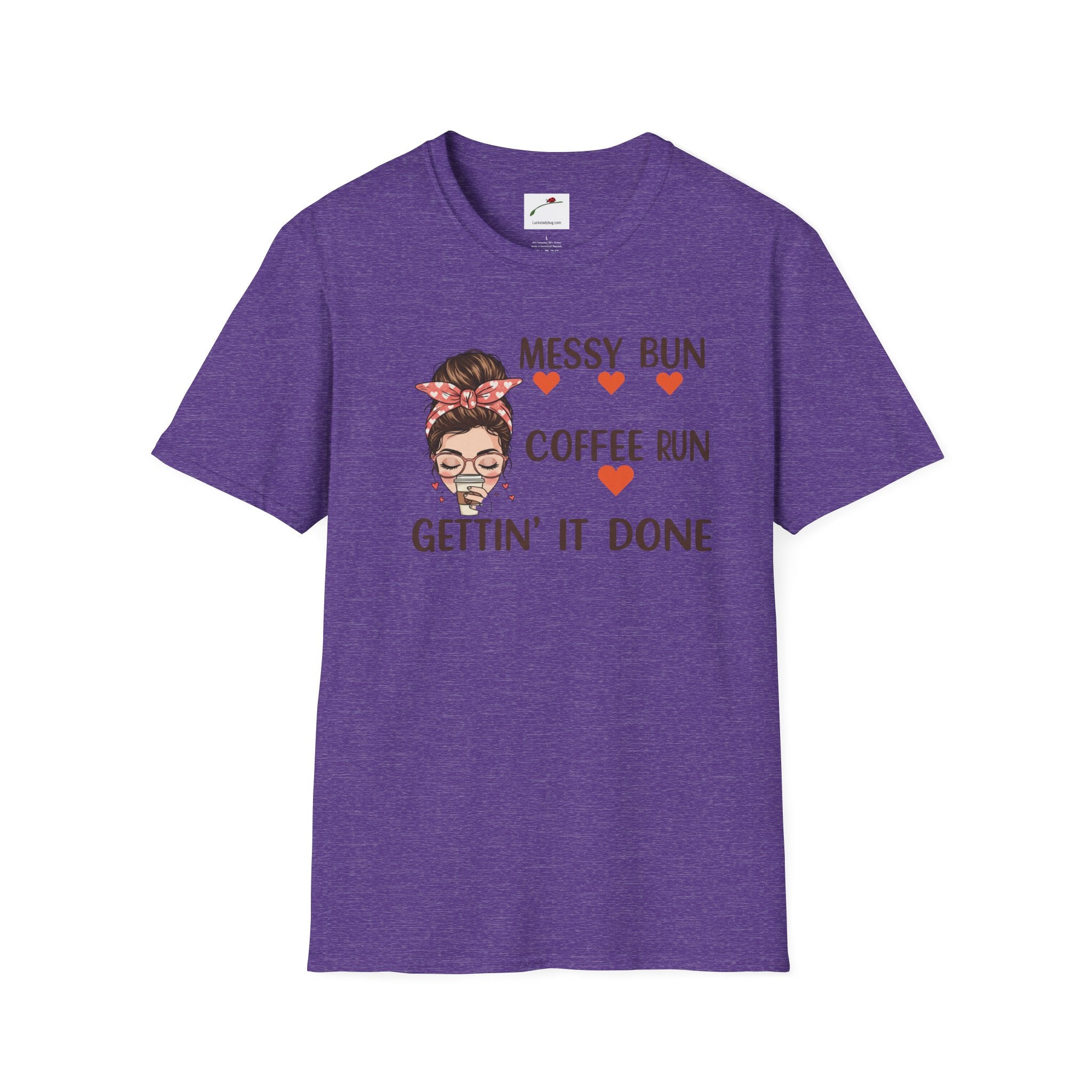 Purple coffee mom graphic tee with messy bun and coffee run text by LuckeLadybug