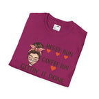 LuckeLadybug coffee mom graphic tee in purple with messy bun and coffee run design