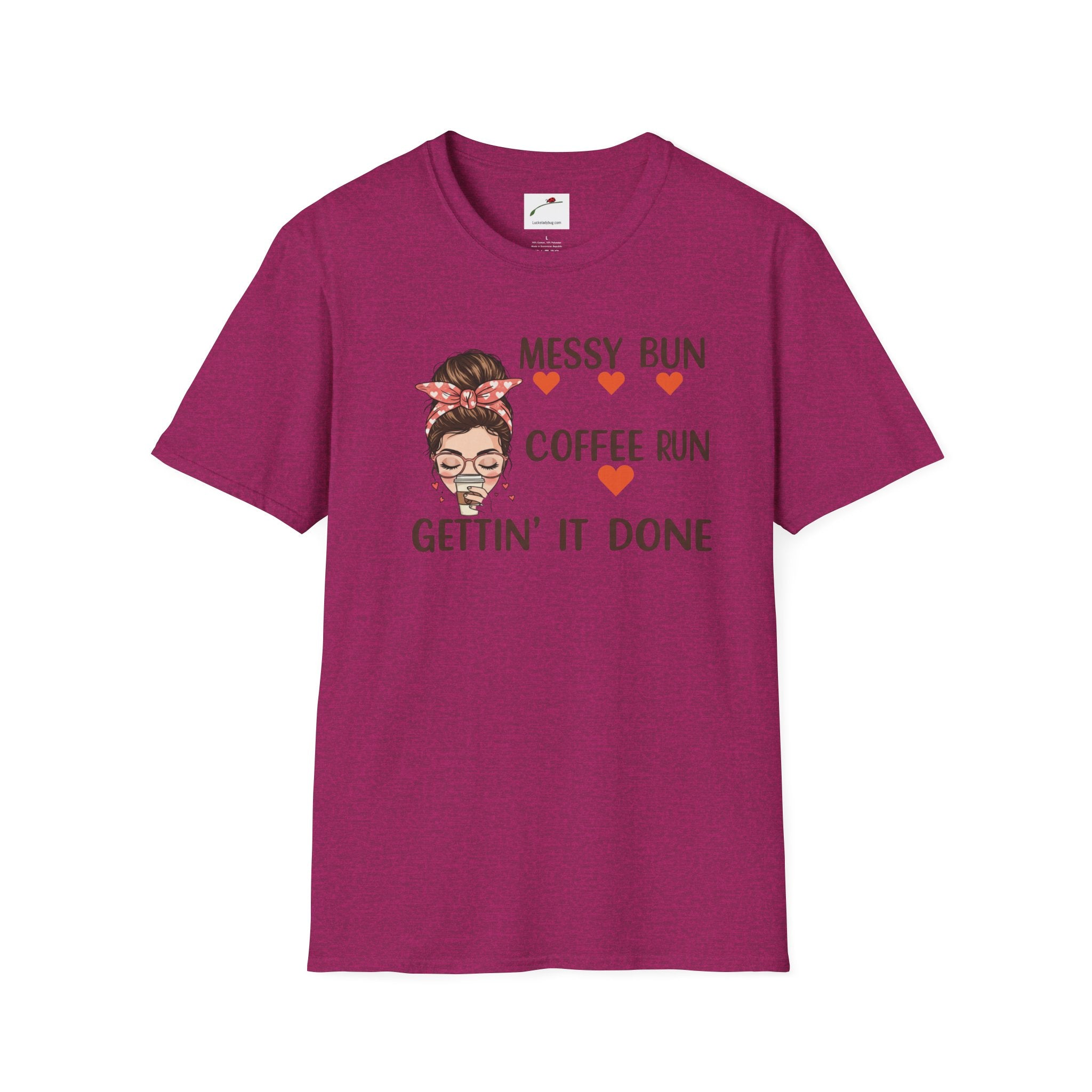 LuckeLadybug coffee mom graphic tee in maroon with messy bun and coffee run design