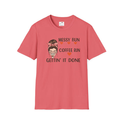 LuckeLadybug coffee mom graphic tee in red with messy bun and coffee run design