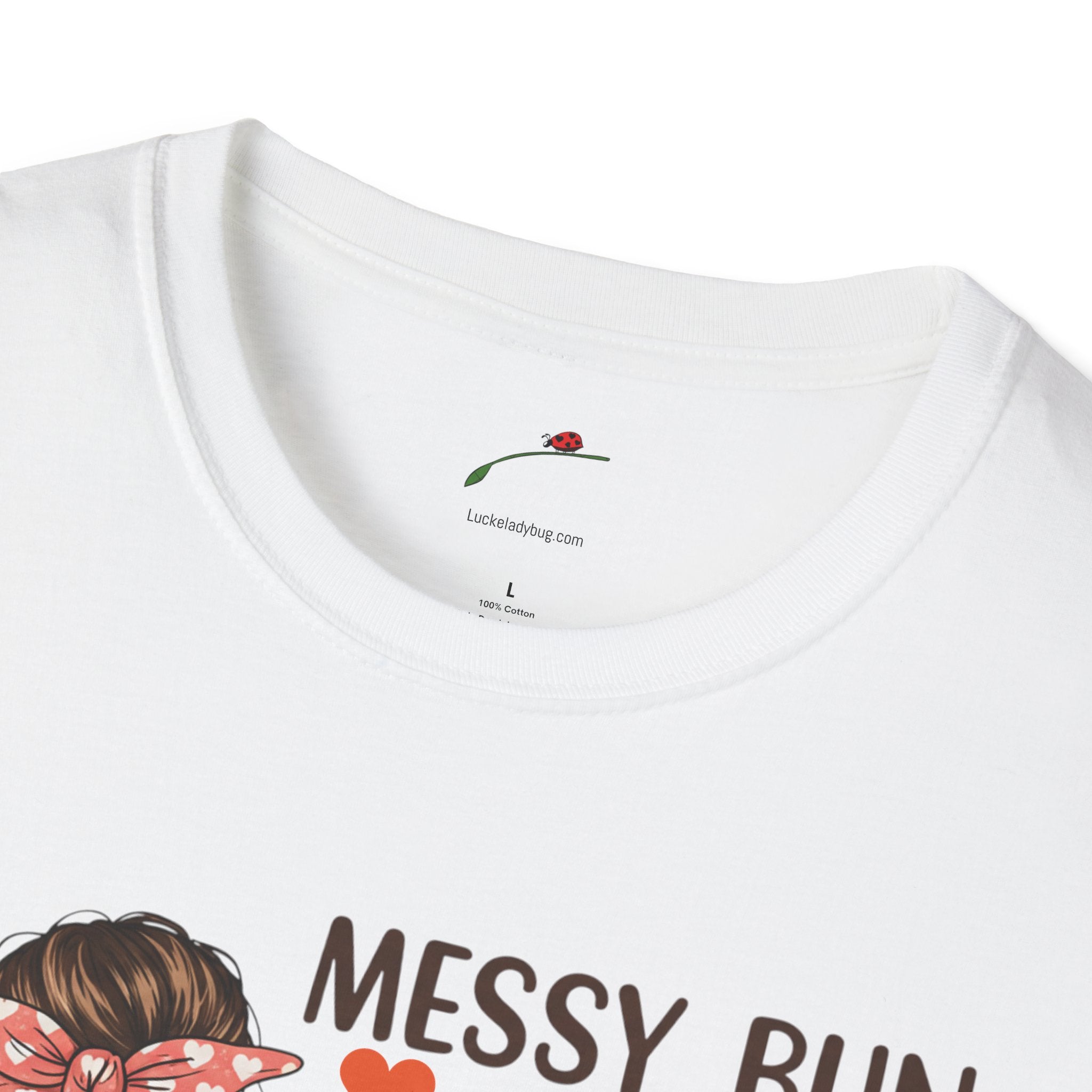 LuckeLadybug white coffee mom graphic tee with messy bun design and heart accents close up