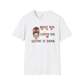 LuckeLadybug white coffee mom graphic tee with messy bun and coffee run text design
