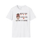 LuckeLadybug white coffee mom graphic tee with messy bun and coffee run text design