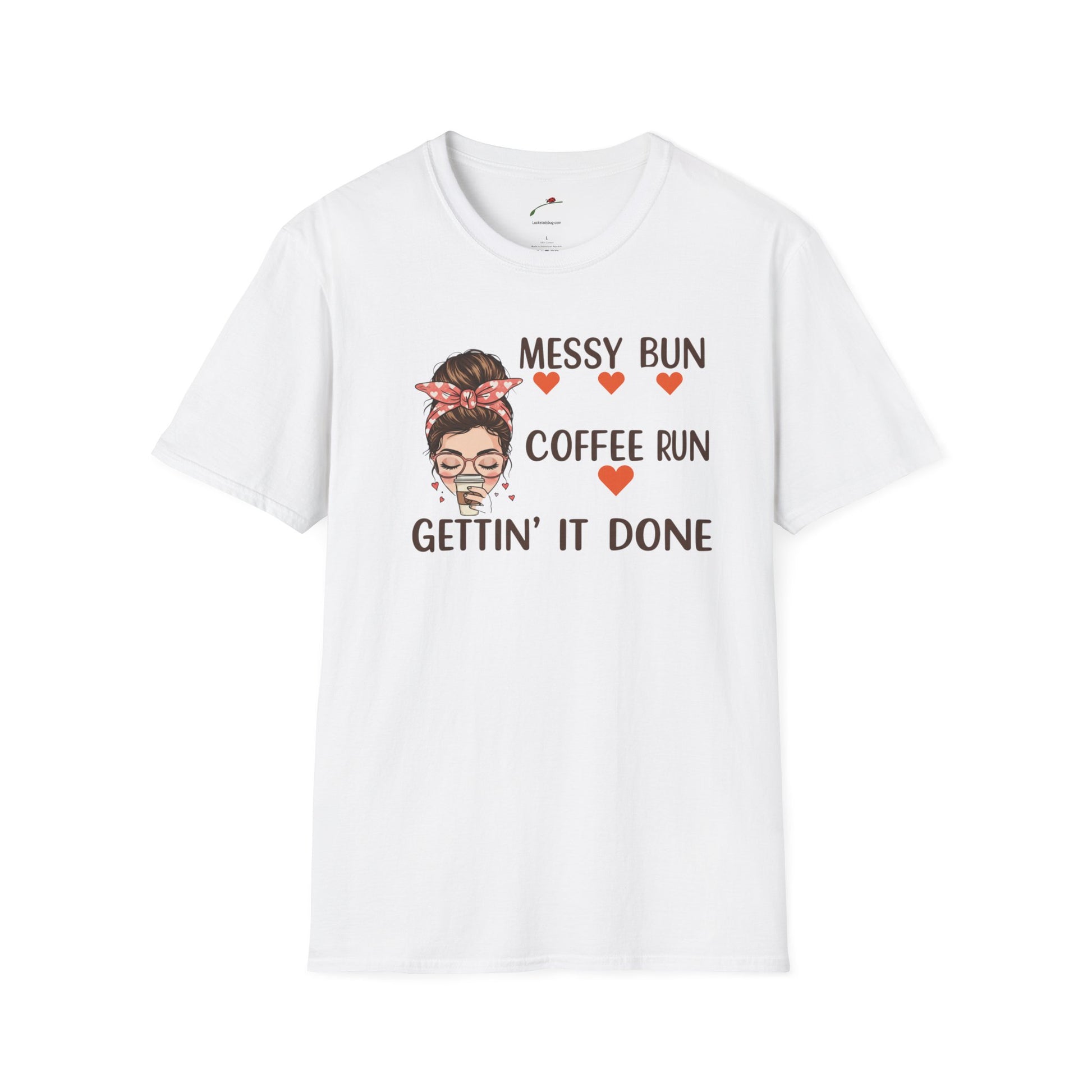 LuckeLadybug white coffee mom graphic tee with messy bun and coffee run text design