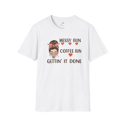 LuckeLadybug white coffee mom graphic tee with messy bun and coffee run text design