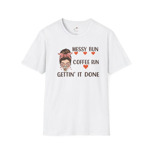 LuckeLadybug white coffee mom graphic tee with messy bun and coffee run text design