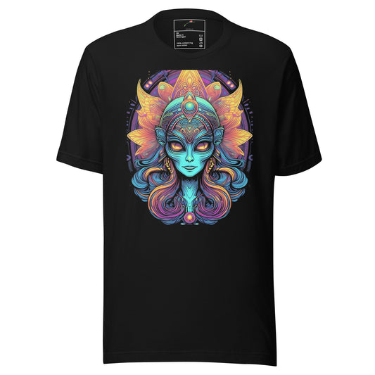 Black T-shirt featuring colorful alien art apparel with vibrant and detailed extraterrestrial design