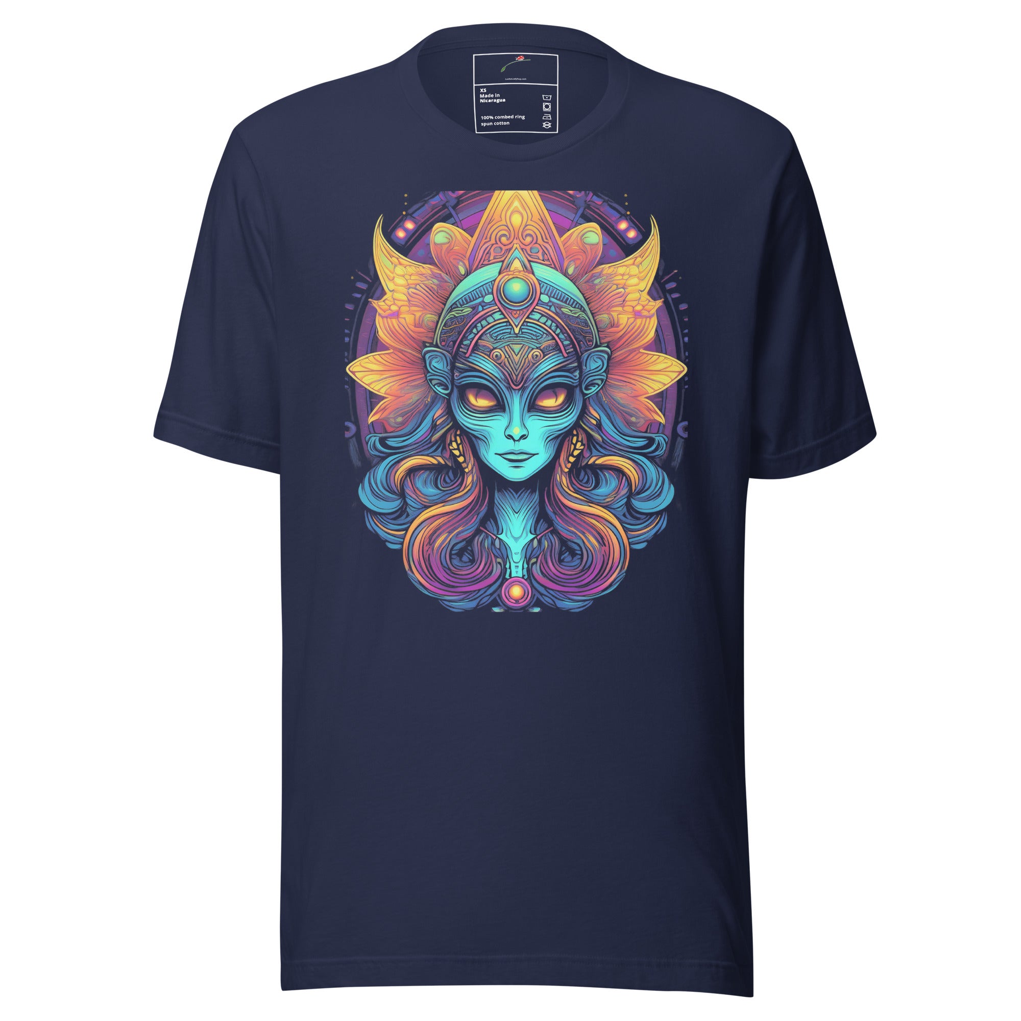 Navy T-shirt featuring colorful alien art apparel with vibrant abstract alien face design