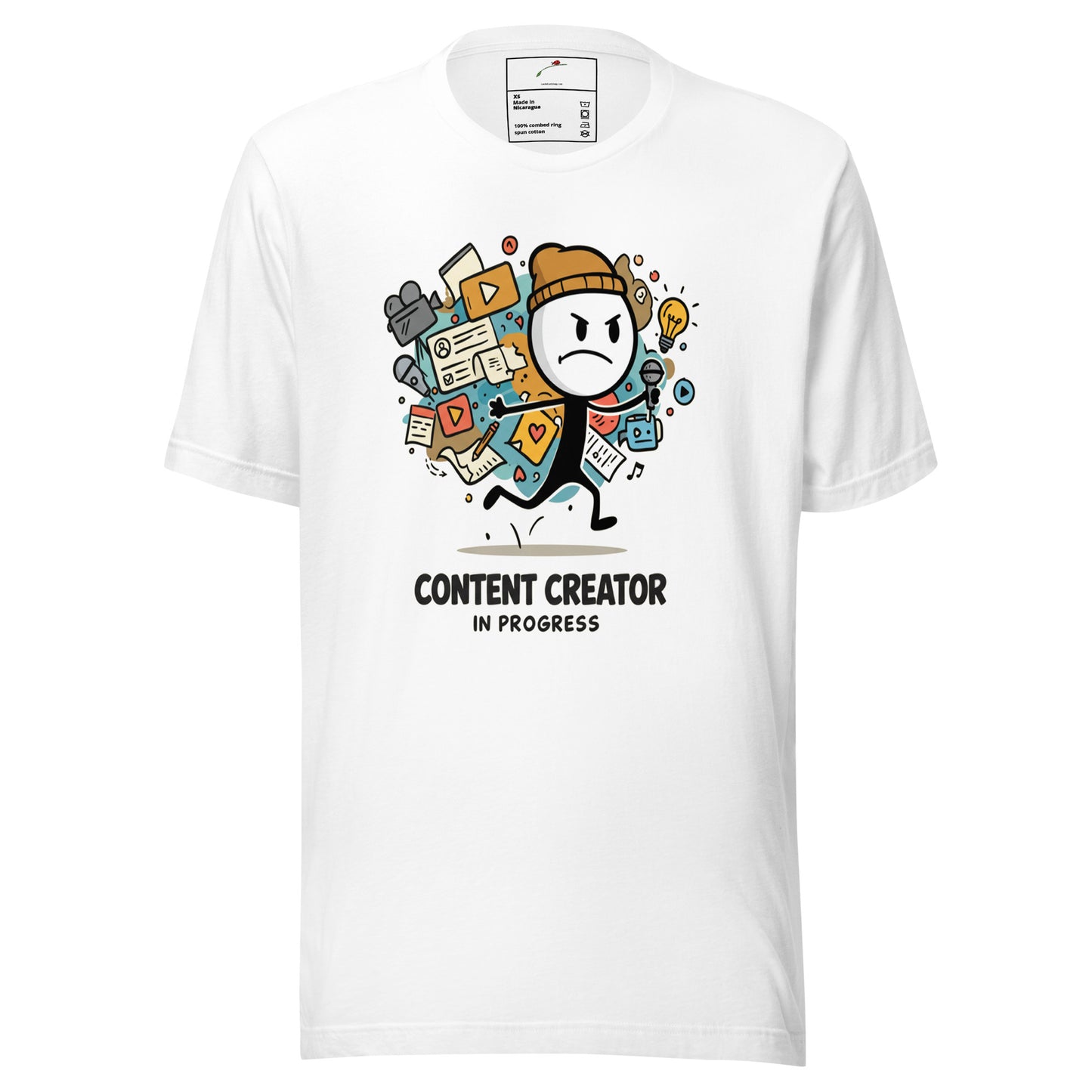 LuckeLadybug white content creator t-shirt featuring cartoon creator with cameras icons and text content creator in progress