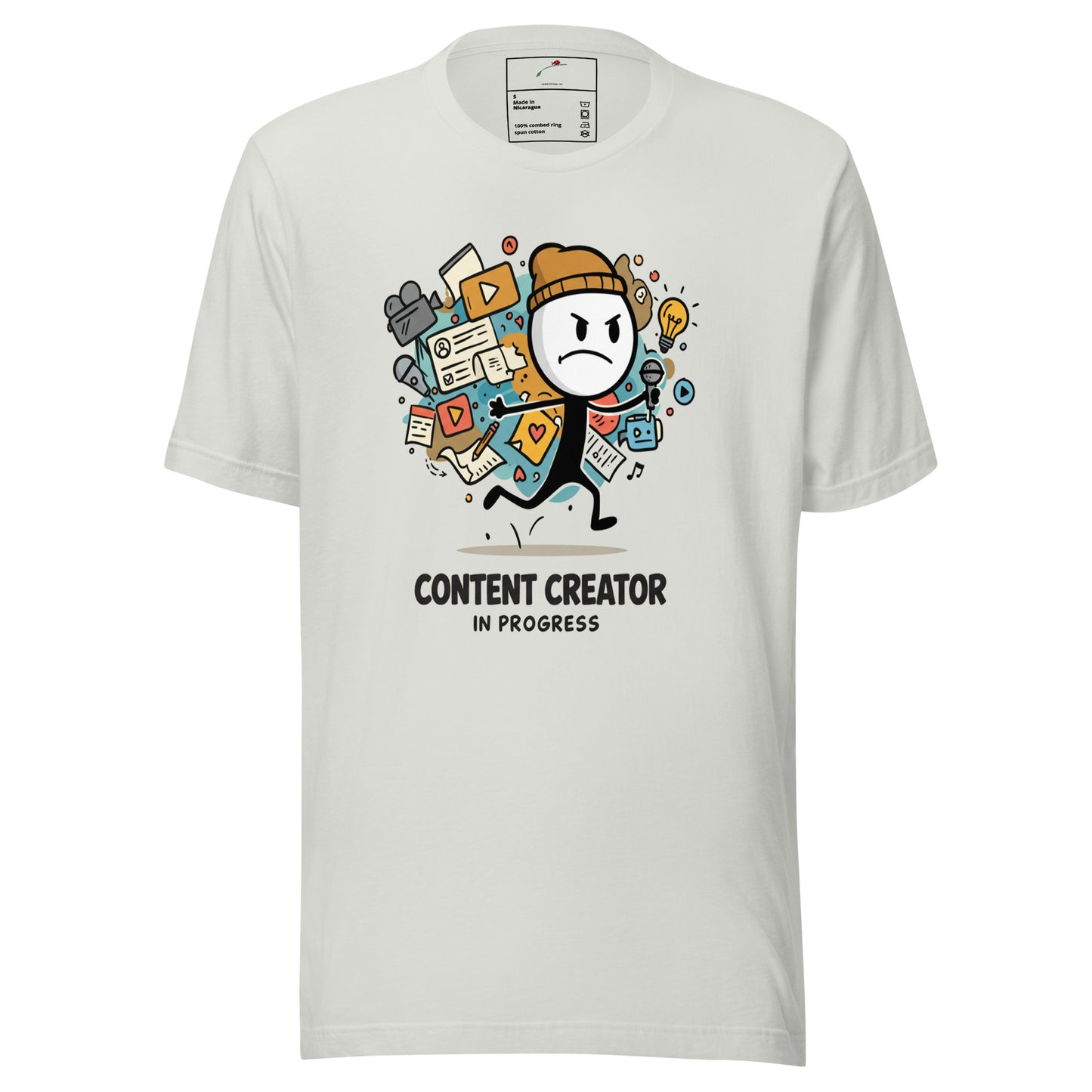 LuckeLadybug white content creator t-shirt with cartoon running creator social media icons Content Creator In Progress text