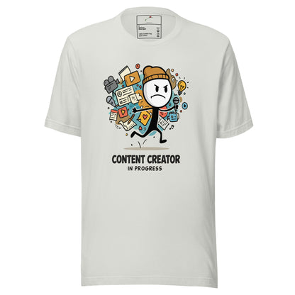 LuckeLadybug white content creator t-shirt with cartoon running creator social media icons Content Creator In Progress text