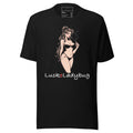 Black T-shirt with cool vape shirt for men design featuring a smoking woman in a bikini and Lucke Ladybug text